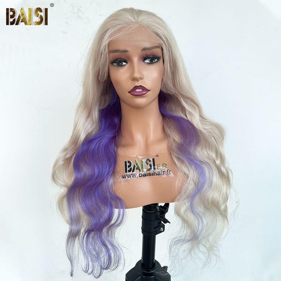 BAISI Collection Poivre et Sel 13X4 Frontal Perruque Body Wave grise claire mixte violet En 100% Vrais Cheveux Humains