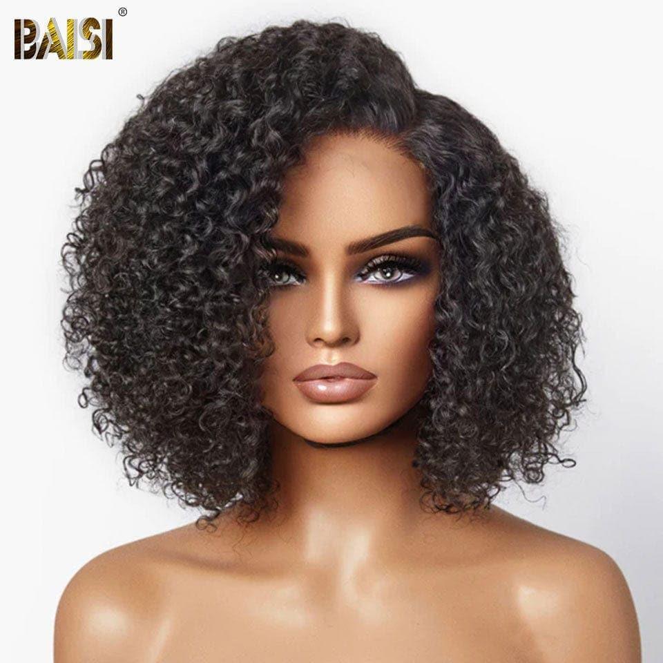 BAISI 13x4 Perruque Bob Curly 14 Pouce 135€ en Noir Sans Colle Lace déjà couper Facile à Porter en 100% Cheveux Humains D