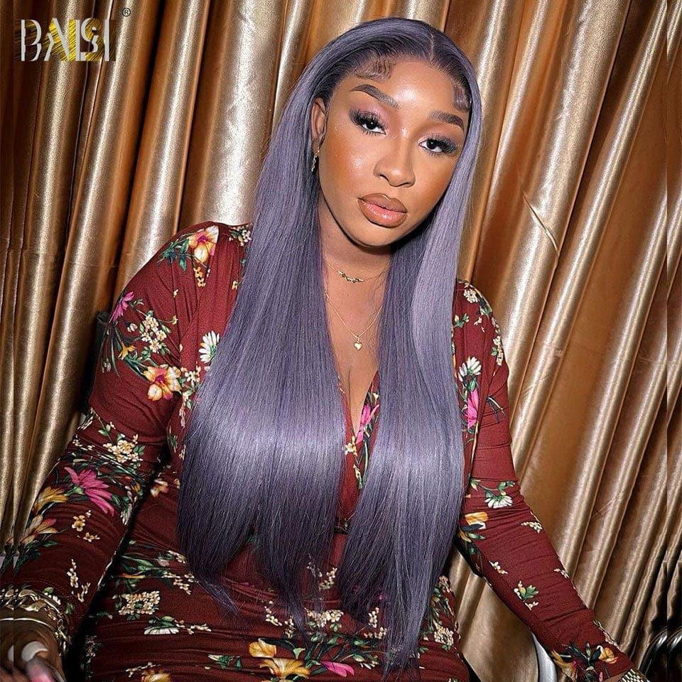 BAISI 13x4 Perruque Lisse En couleur gris violet Sans Colle Lace déjà couper Facile à Porter en 100% Cheveux Humains