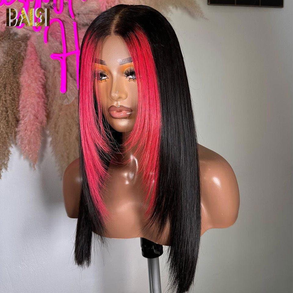 BAISI 13x4 Straight Wig In color 1b pink highlights Glueless Lace already cut Easy to Wear in 100% Human Hair