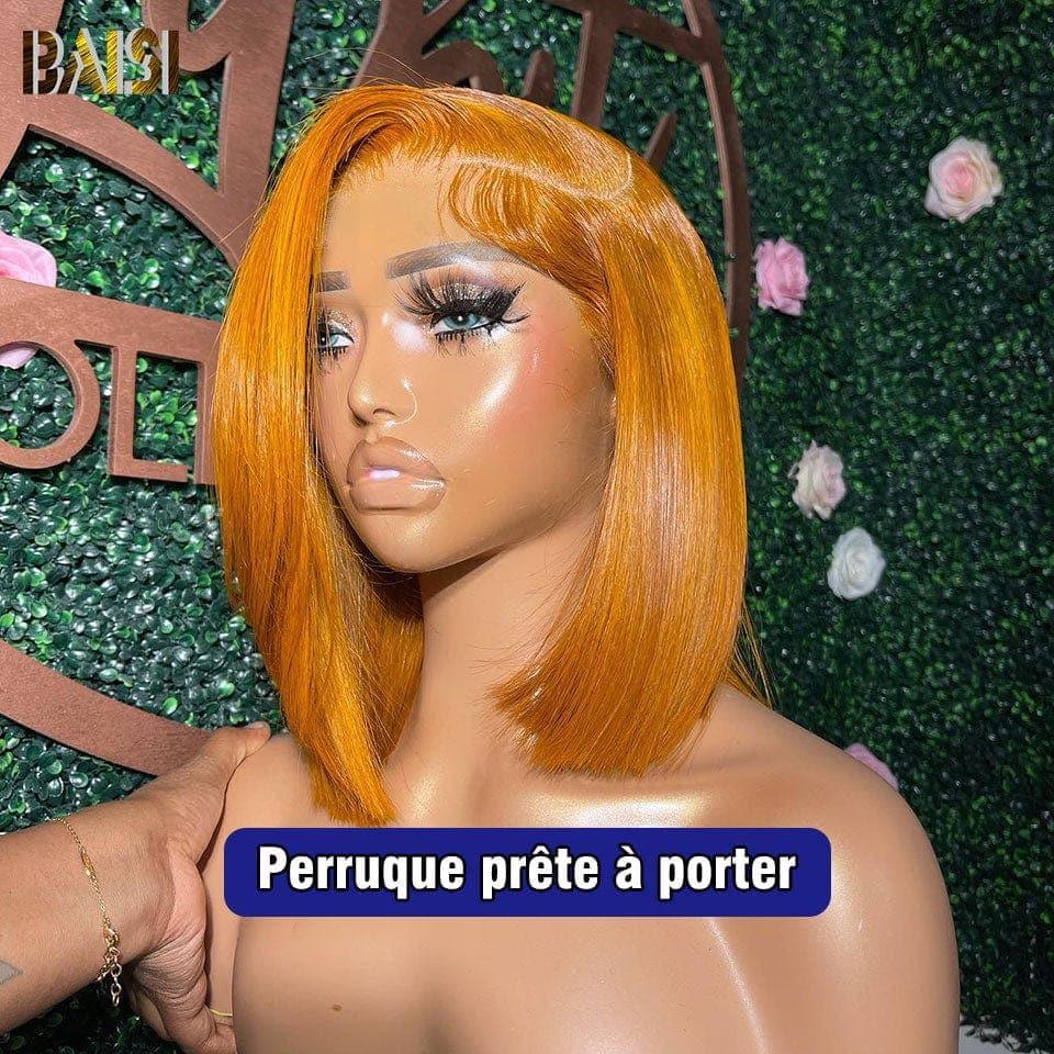 BAISI 13X4 Straight Bob Wig In Orange Yellow Pre-Plucked No Glue Needed in 100% Raw Hair Lace Already Cut