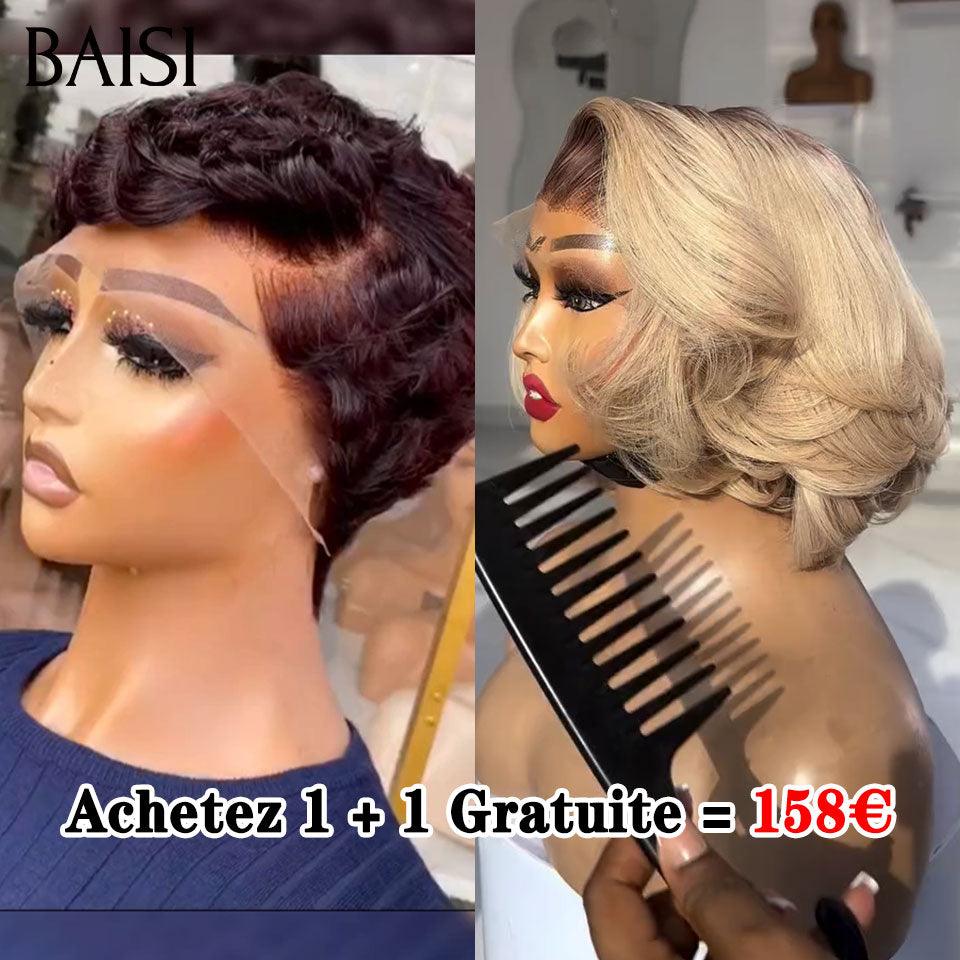 BAISI Achetez 1 + 1 Gratuite = 129€ 4X4 lace curly wave 10 pouces et 5x5 lace egg wave 10 pouces ou1 Acheté + 1 Gratuite = 158€ 13X4 lace pixie 99J# et bob blonde 4T613# en 100% vrais cheveux humains (pas besoin de code)