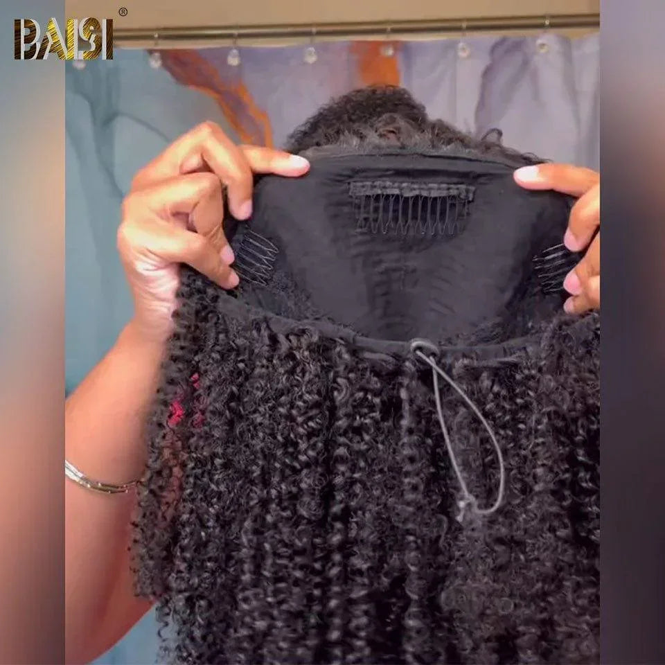 BAISI Perruque demi tête clips hair extension 16 Pouce 169€ En Couleur Noir Afro Curly en 100% cheveux humains