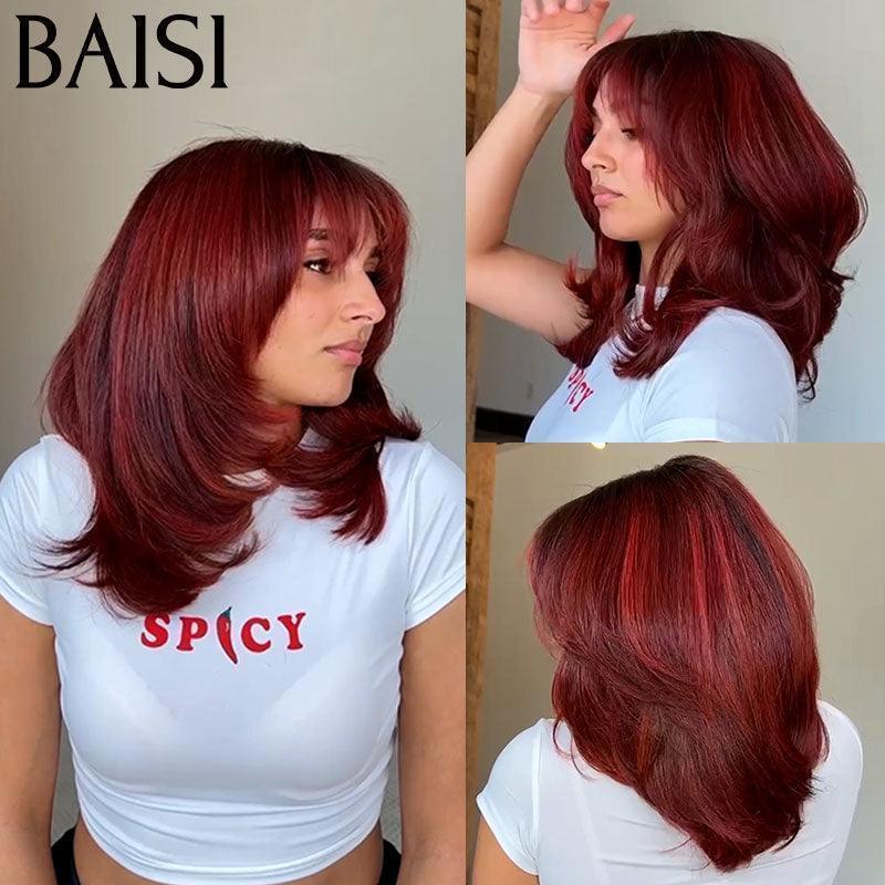 BAISI HAIR FR Black Plus Burgundy 1BT99J with bangs 16 inches In 100% Human Hair