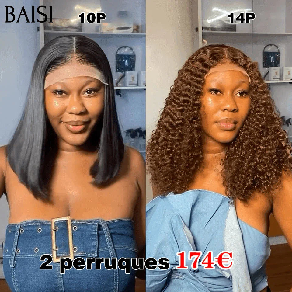 BAISI 2 Perruques promo 2X6 Bob Lisse 10 pouces et 4X4 curly wave 14 Pouces marron 250% densité en 100% Cheveux Humains vietnam hair FR38