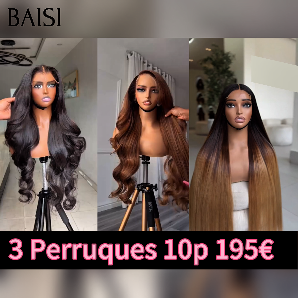 BAISI 3 Perruques pour revendre 195€ 10 pouces 13x4 lace frontal 2 Body wave et 1 Lisse en 100% vrais cheveux humains