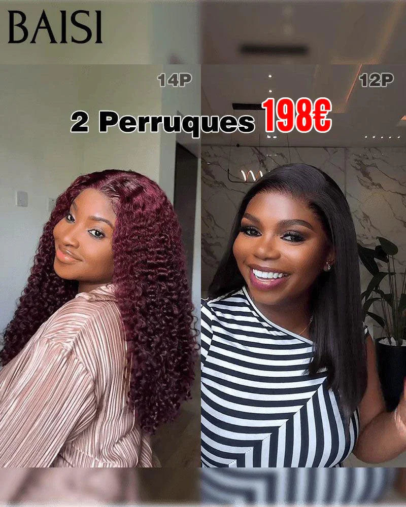 BAISI 2 Perruques 198€ 13X4 lace Lisse 12 Pouces et water wave 14 Pouces en Couleur 99J 250% densité DE luxe en 100% Cheveux Humains FR38