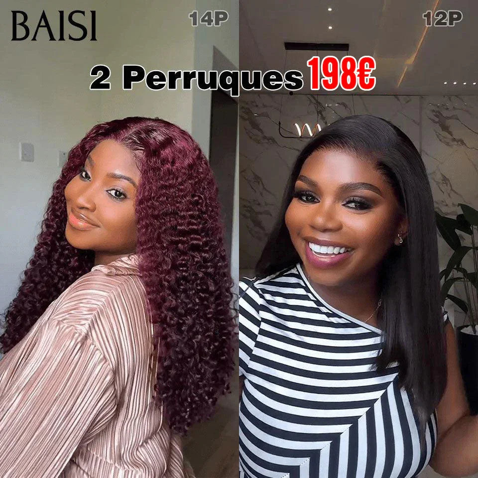 BAISI 2 Perruques 198€ 13X4 lace Lisse 12 Pouces et water wave 14 Pouces en Couleur 99J 250% densité DE luxe en 100% Cheveux Humains FR38