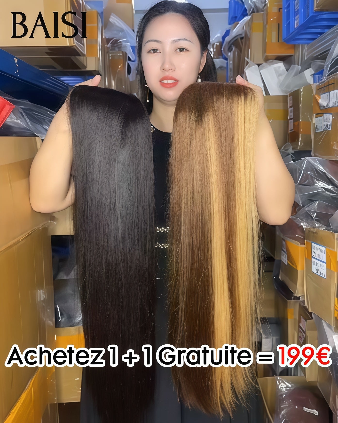 BAISI Achetez 1 + 1 Gratuite = 199€ 13X4 lace frontal Lisse 24 Pouces en couleur Mixte et 4x4 lace closure NOIR Lisse Perruque en 100% vrais cheveux humains