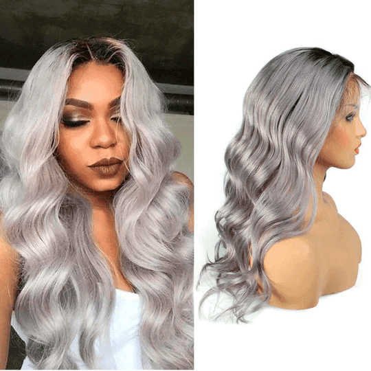BAISI Collection Poivre et Sel 13X4 Frontal Perruque Body Wave En couleur #1B/Gris En 100% Vrais Cheveux Humains