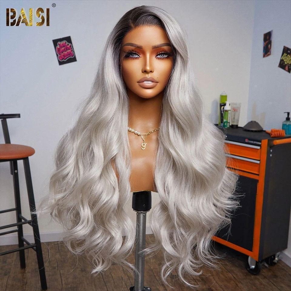 BAISI Collection Poivre et Sel 1B/GRIS Perruque Lace Frontale Perruque Personnalisée Ondulée Body Wave Cheveux Humains
