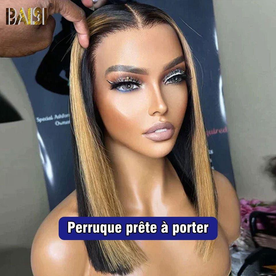 BAISI 13X4 Straight Bob Wig Na cor # 1B # 27 fios pré-arrancados sem necessidade de cola em 100% cabelo cru renda já cortado