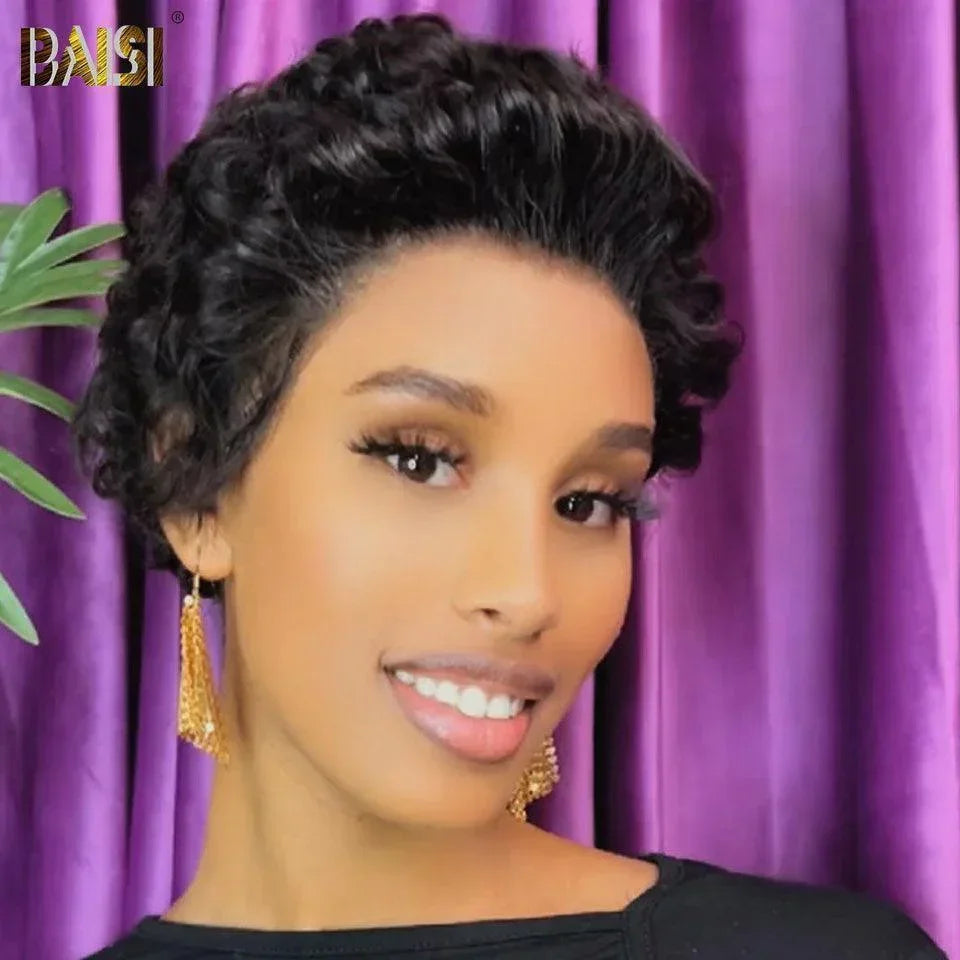 BAISI Achetez 2 perruques minimum au prix d'usine fournisseur 13X4 PIXIE NOIR en 100% Vrais Cheveux Humains (Pas Besoins De Code)