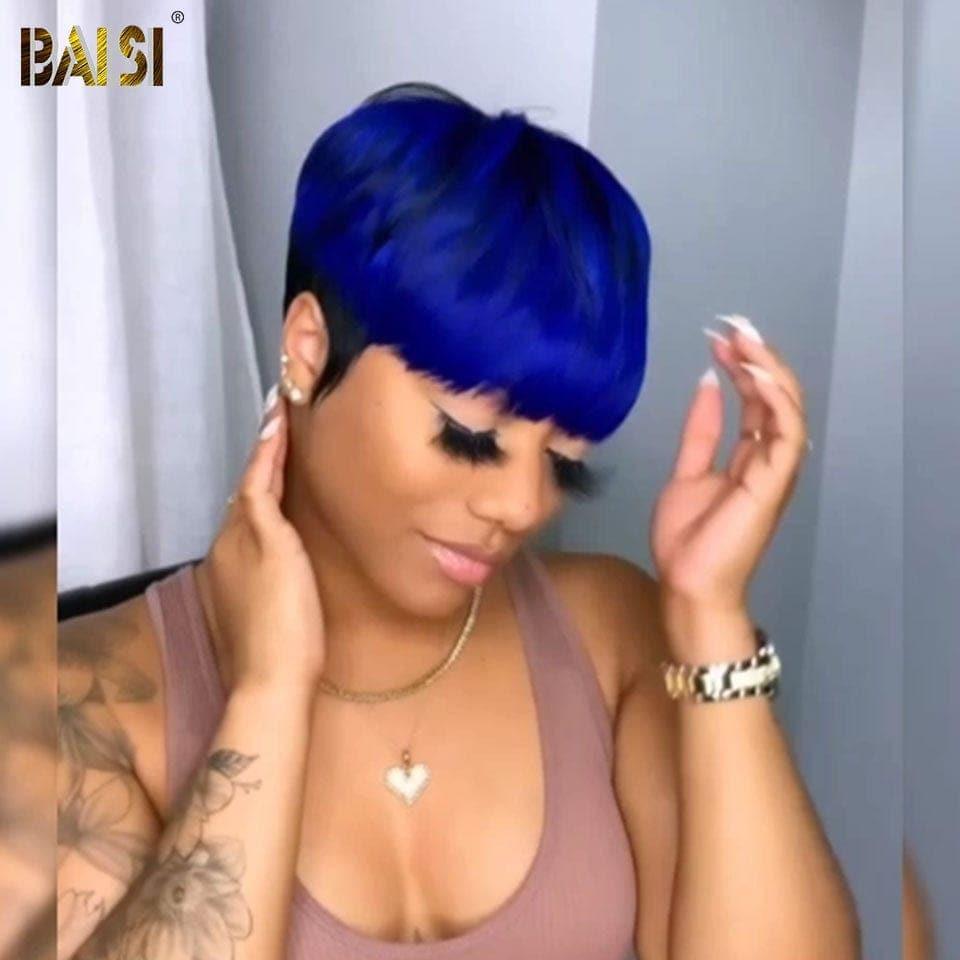 Gerade Pixie-Perücke von BAISI in der Farbe Schwarz-Blau, 55 €, aus 100 % Echthaar