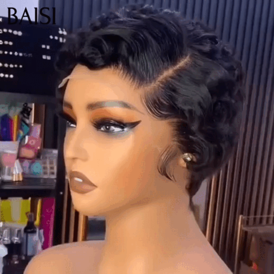 BAISI 13x4 Lace Frontale Perruque Pixie petite coupe 61€ NOIR En 100% Cheveux Humains
