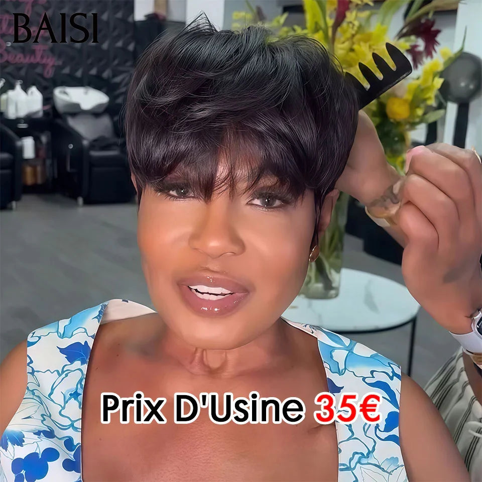 BAISI Achetez 2 perruques minimum au prix d'usine fournisseur perruque Fabriqué à la Machine pixie Lisse ou Perruque curly wave Mixte 100% Cheveux Humains Fabriqué à la Machine ( pas besoin de code)