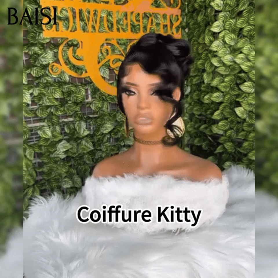 BAISI Coiffure de luxe Kitty Perruques Mariage noir Prête à porter chignon et personalisation comme sur la vidéo 100% identique avec lace frontale événement spécial BS120