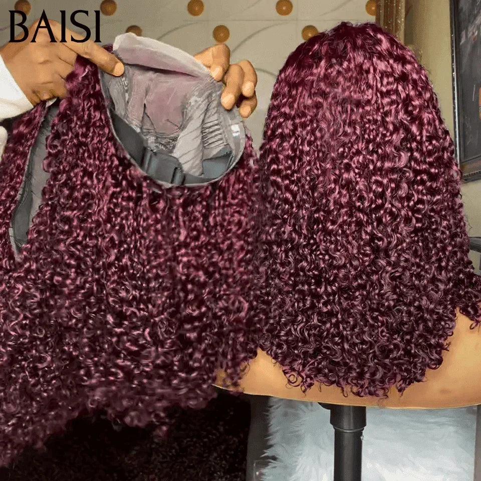 BAISI Grand SOLDES TVA 0€ 108€ Volume 250% densité Couleur Bordeaux 99j Lace 4X4 Perruques de Luxe curly Wave double drawn mèches vièges en 100% Cheveux Humains FR38