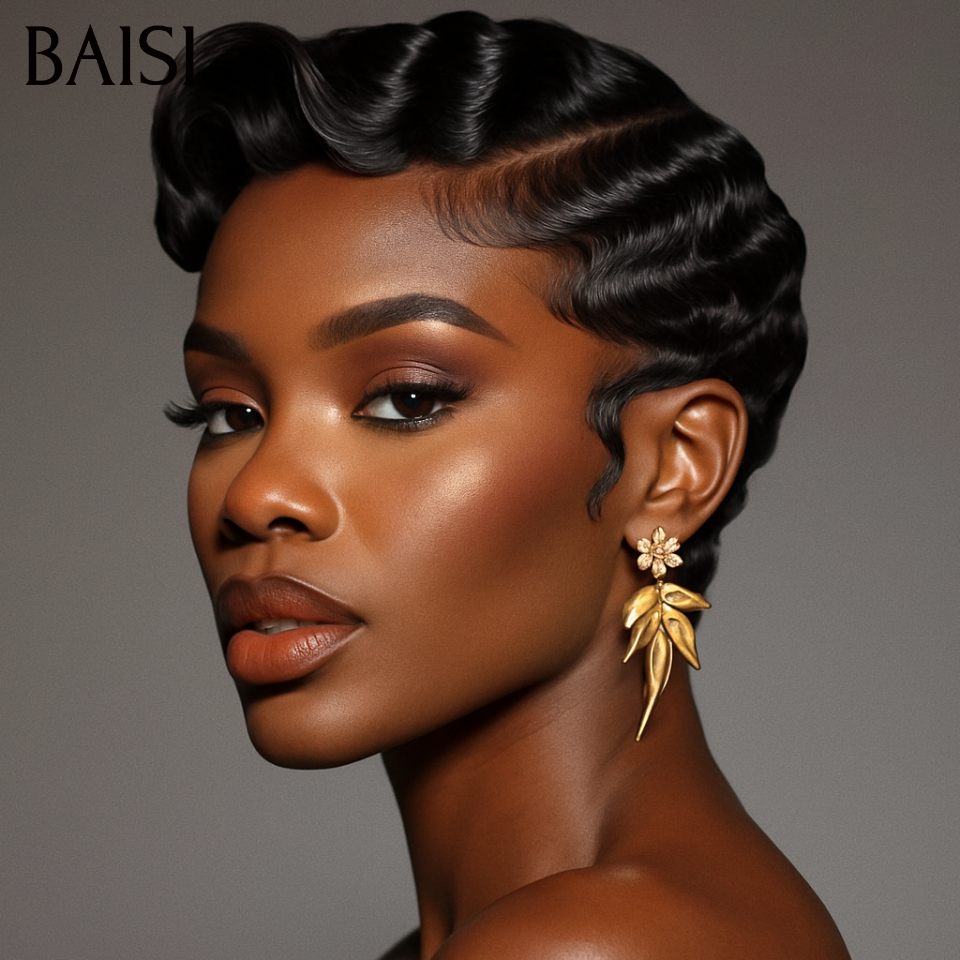 BAISI 13x4 lace frontal Perruque chioma pixie finger wave 59€ moitié prix en Noir en 100% Cheveux Humains