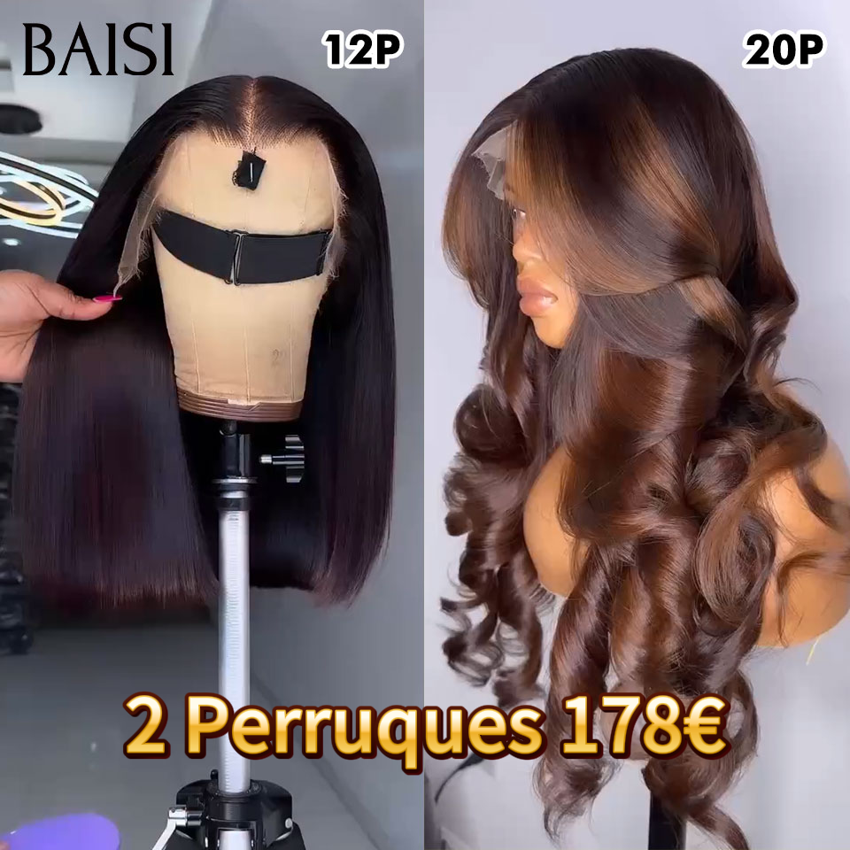 BAISI 2 Perruques 178€ PROMO 13X4 lace frontal Body wave Mixte Miel 20 pouces et Lisse NOIR 12 pouces en 100% cheveux humains
