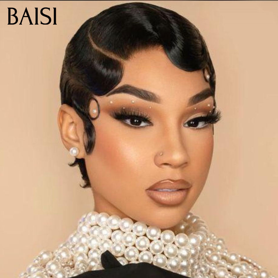 BAISI Perruque Pixie water wave en Couleur NOIR 46€ ou#350 Orange 49€ Fabriqué à la Machine En 100% Cheveux Humains