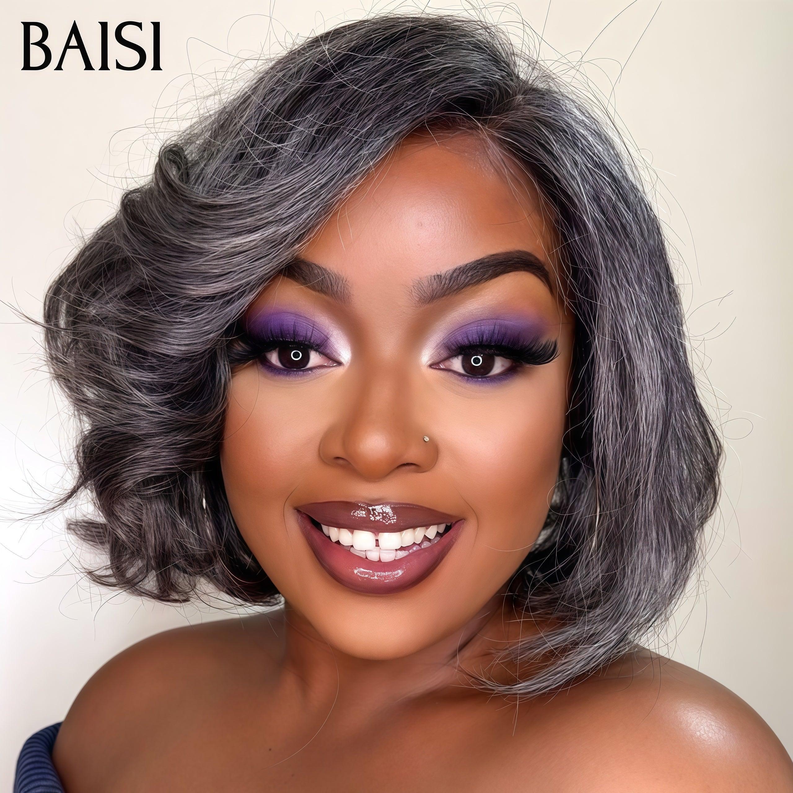 BAISI Collection Poivre et Sel 13X4 Perruque 95€ Bob bouclee Lisse noir mixte gris Pré-plucked Pas Besoin de Colle en 100% Raw Hair Lace déjà couper
