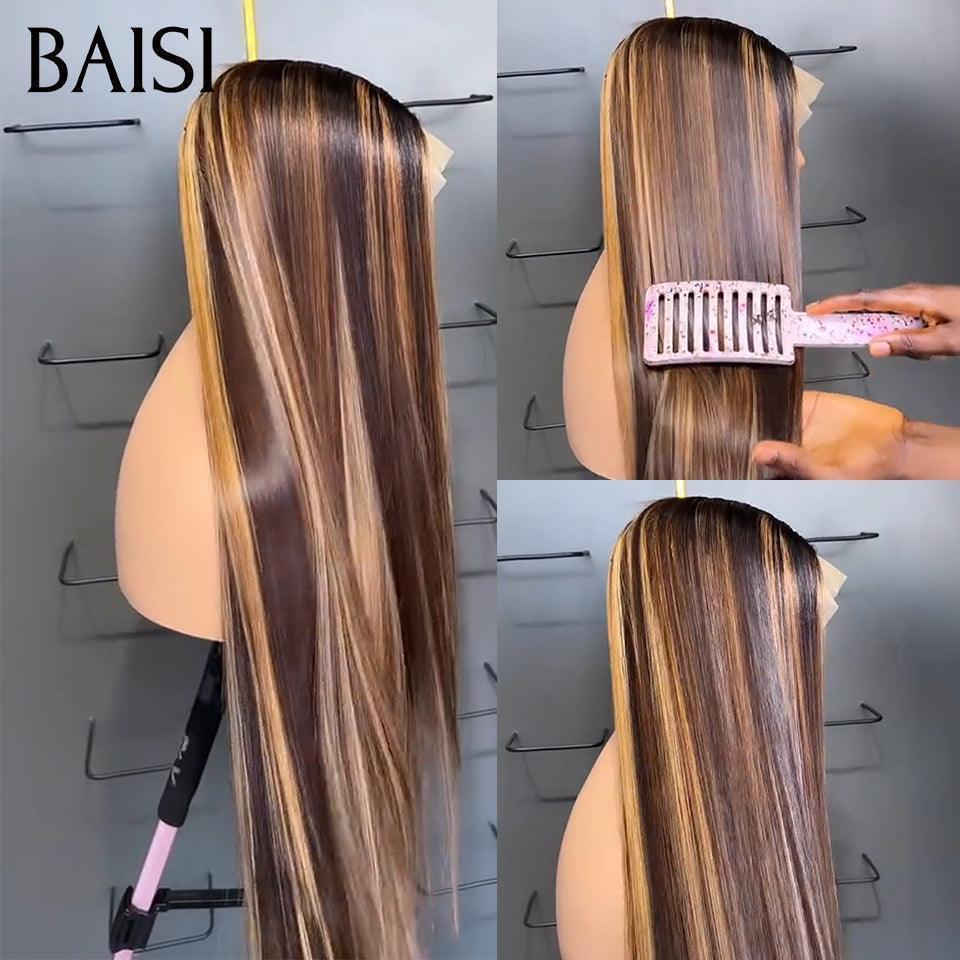 BAISI Achetez 2 perruques minimum au prix d'usine fournisseur en France TVA 0€ 48H arrivé 13x4 Lace Frontal Perruque Lisse Miel #4MIX#27 En 100% Cheveux Humains (Pas Besoin de Code)