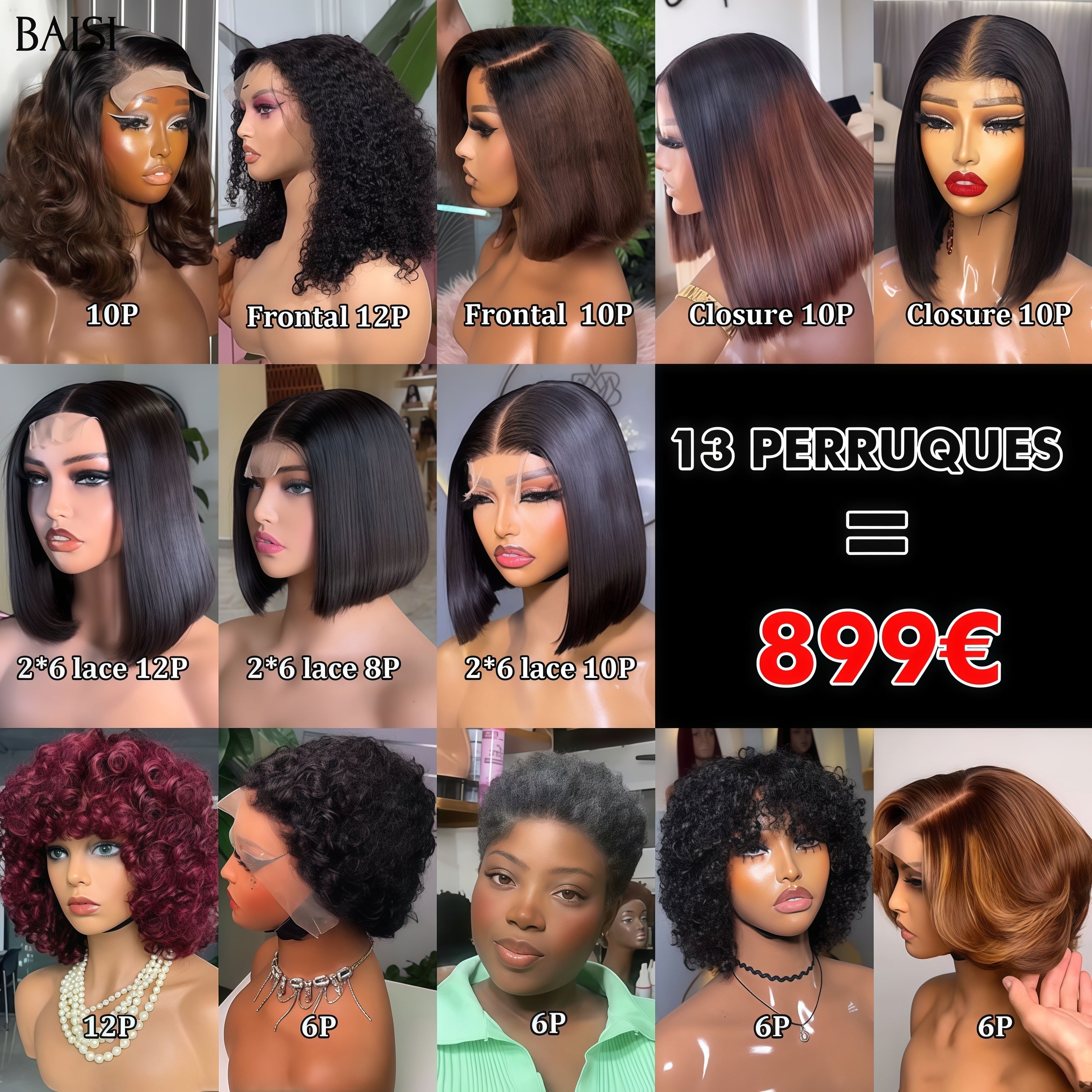 BAISI Flash Sale 13 gerade oder lockige Bob-Perücken 13X4 und 4X4 Spitze und keine Spitze aus 100 % echtem Menschenhaar 960 Euro Code: VIP100