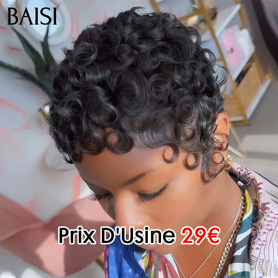 BAISI Achetez 2 perruques minimum au prix d'usine fournisseur en France TVA 0€ 48H arrivé Petit Perruque pixie finger wave ou curly wave en 100% Vrais Cheveux Humains (Pas Besoins De Code)