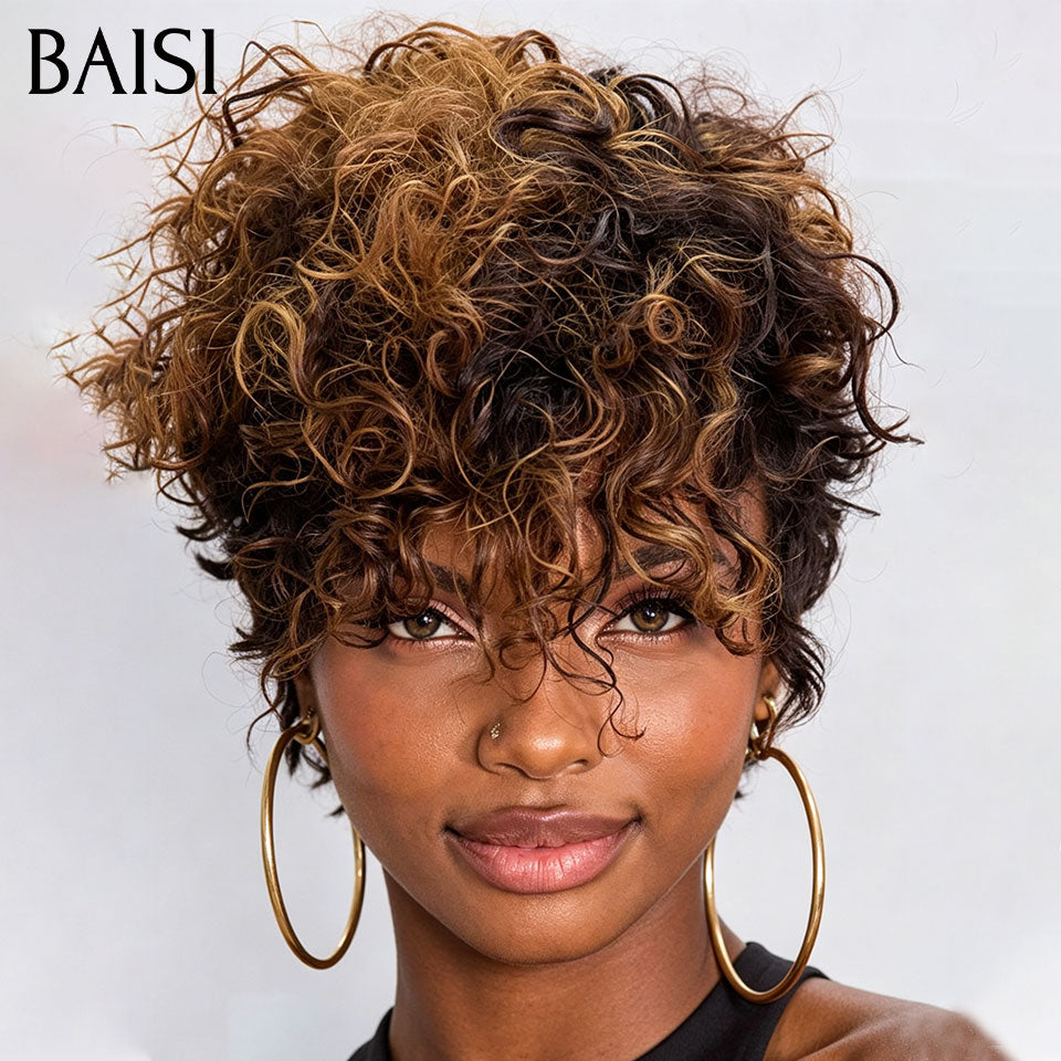BAISI Perruque Frisée Curly 79€ Seulement Sans Colle Sans Lace Coupe En Frange Osante Couleur Noir et Marron 1B27# en 100% Cheveux Humains