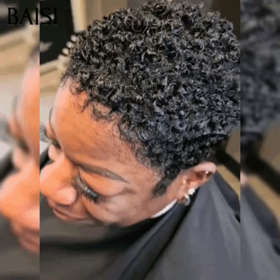 BAISI Perruque Full Lace 100% Cheveux Naturels Full Lace Perruque Pixie petite coupe en Couleur Noir en 100% cheveux humains