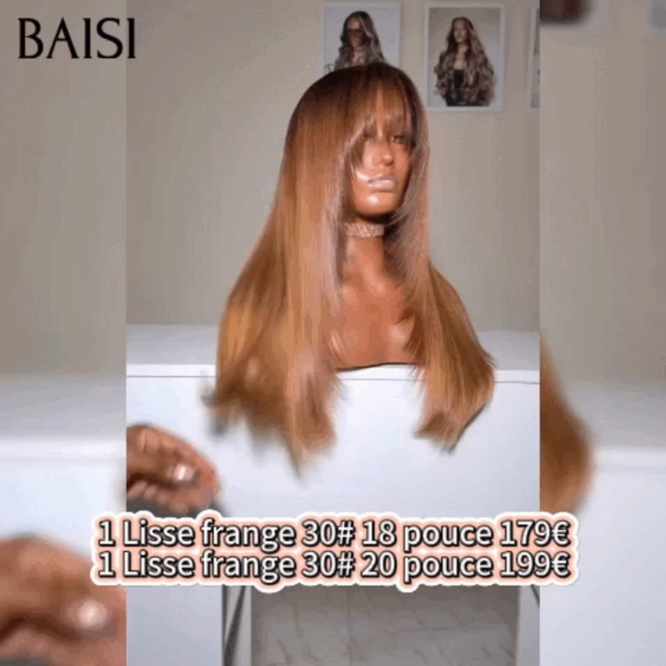 BAISI Perruque Lisse avec Frange 30# miel ou Bouclée curly Wave avec Frange 18 Pouces 300% densité en Couleur marron en 100% Cheveux Humains FR20