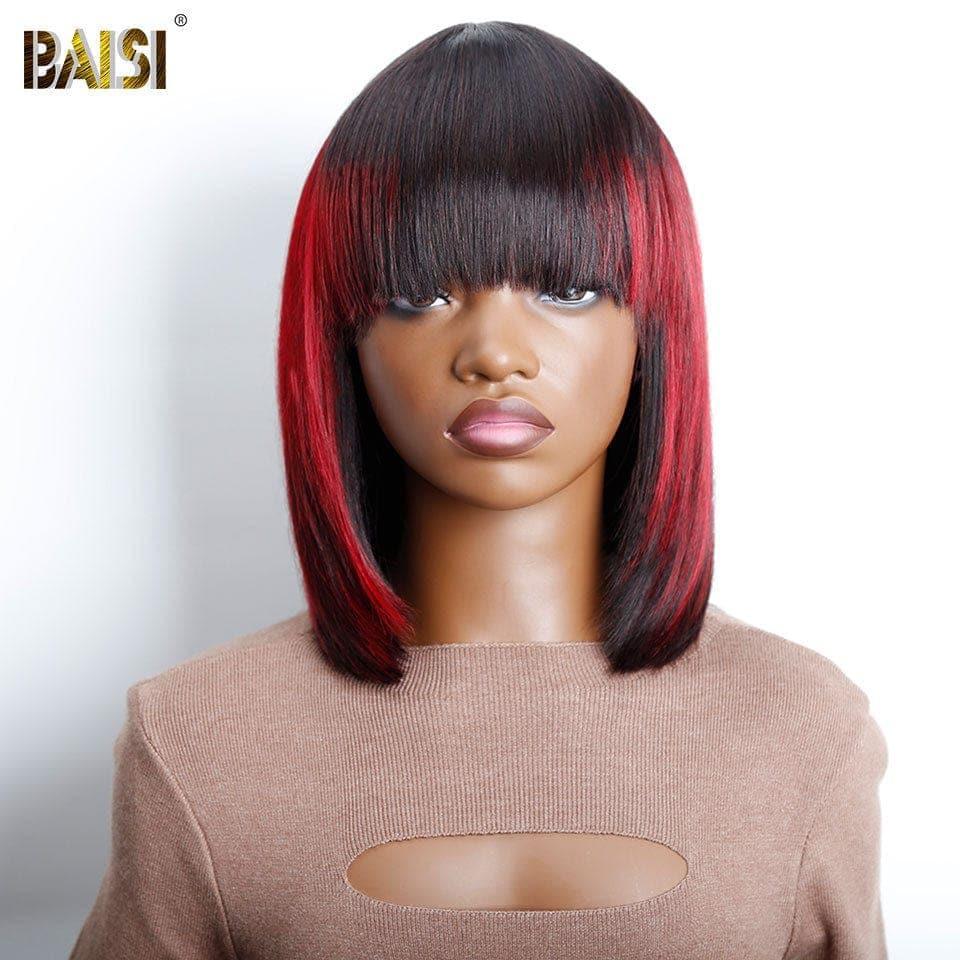 BAISI perruque Bob Lisse Avec Frange 10 pouces en couleur noir et Rouge Bordeaux 99J ou 1Bmix30# en 100% cheveux humains VIP100