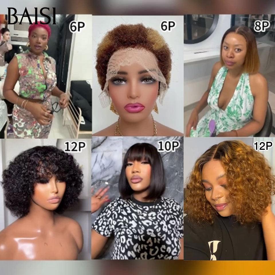 BAISI 6 Perruques 339€ 13X4 afro curly et 2X6 lisse 1BT27# 8 pouces et bob avec frange et T part afro curly 1BT30# en 100% Cheveux Humains BS65