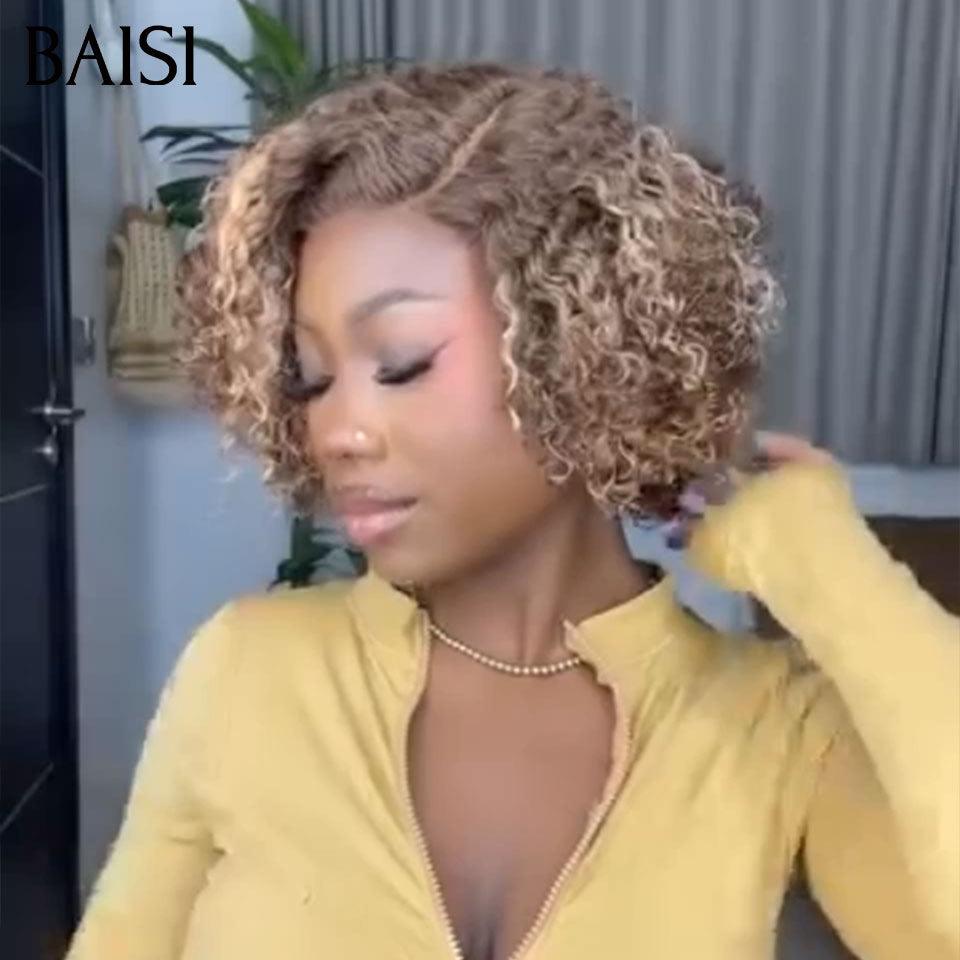 BAISI Perruque 13X4 lace bob Curly 8 Pouces Raie sur le côté 4/27# mixte en 100% Cheveux Humains