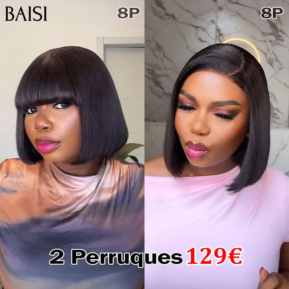BAISI 2 Perruques 120€ 2X6 lace Lisse 8 Pouces et Sans lace Lisse 8 Pouces NOIR 250% densité DE luxe en 100% Cheveux Humains BS65