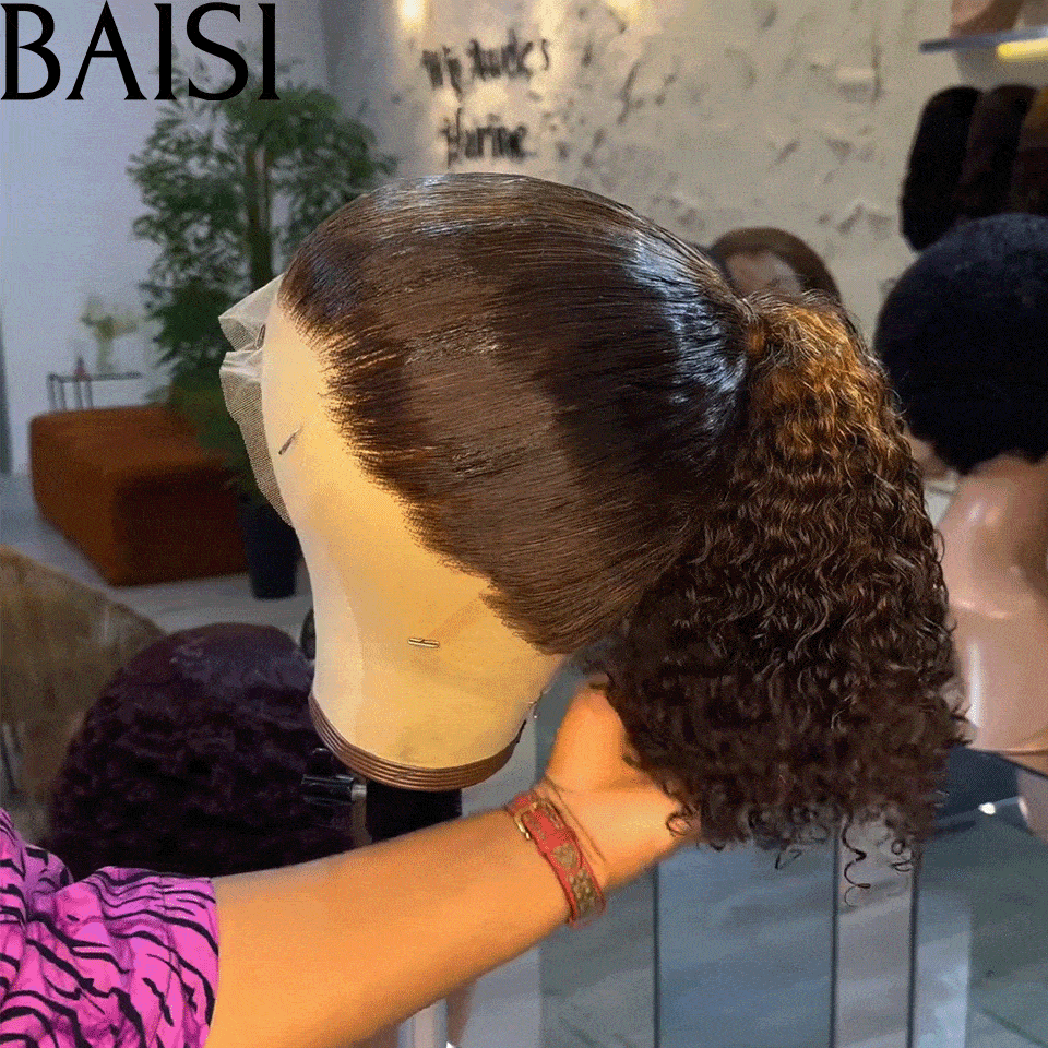 BAISI perruque Upgrade Invisible Strap 360 Frontal curly wave en Couleur marron mix miel 4#27# ou NOIR 1B# Lace frontale 360 invisible et réglable 250% densité en 100% Raw Hair
