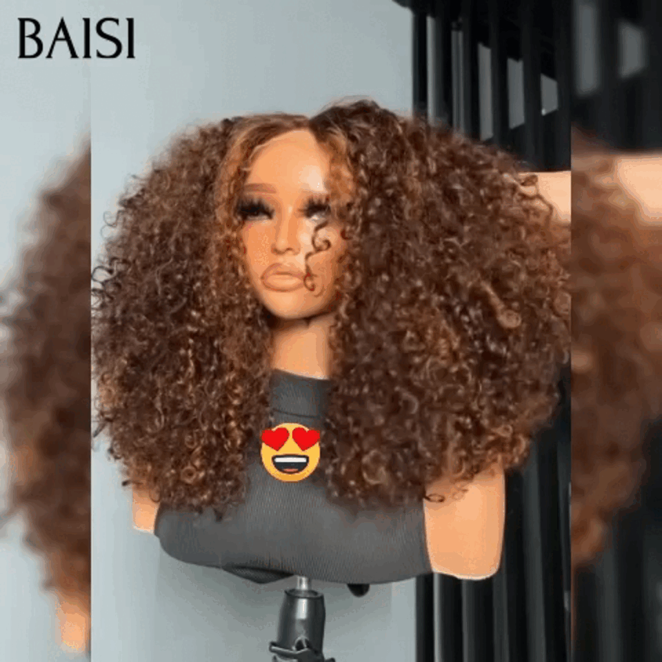 BAISI 13X4 lace perruque kinky curly frontale 20 pouces 229€ 300% densité en Couleur marron 4#mix30# 100% cheveux humains