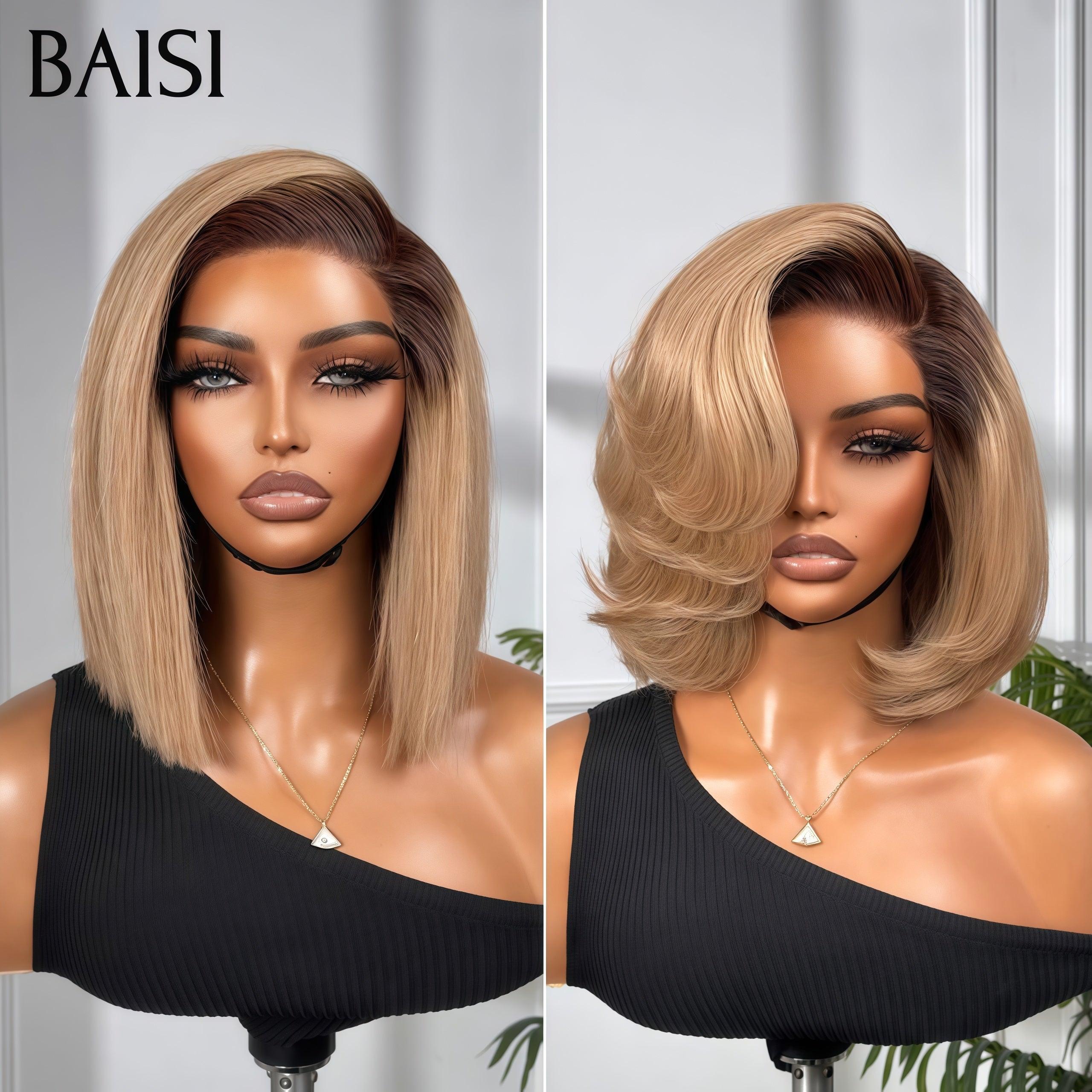 Parrucca Bob diritta BAISI 13X4 in grigio misto 70# pre-pizzicata senza colla necessaria in pizzo di capelli grezzi al 100% già tagliato