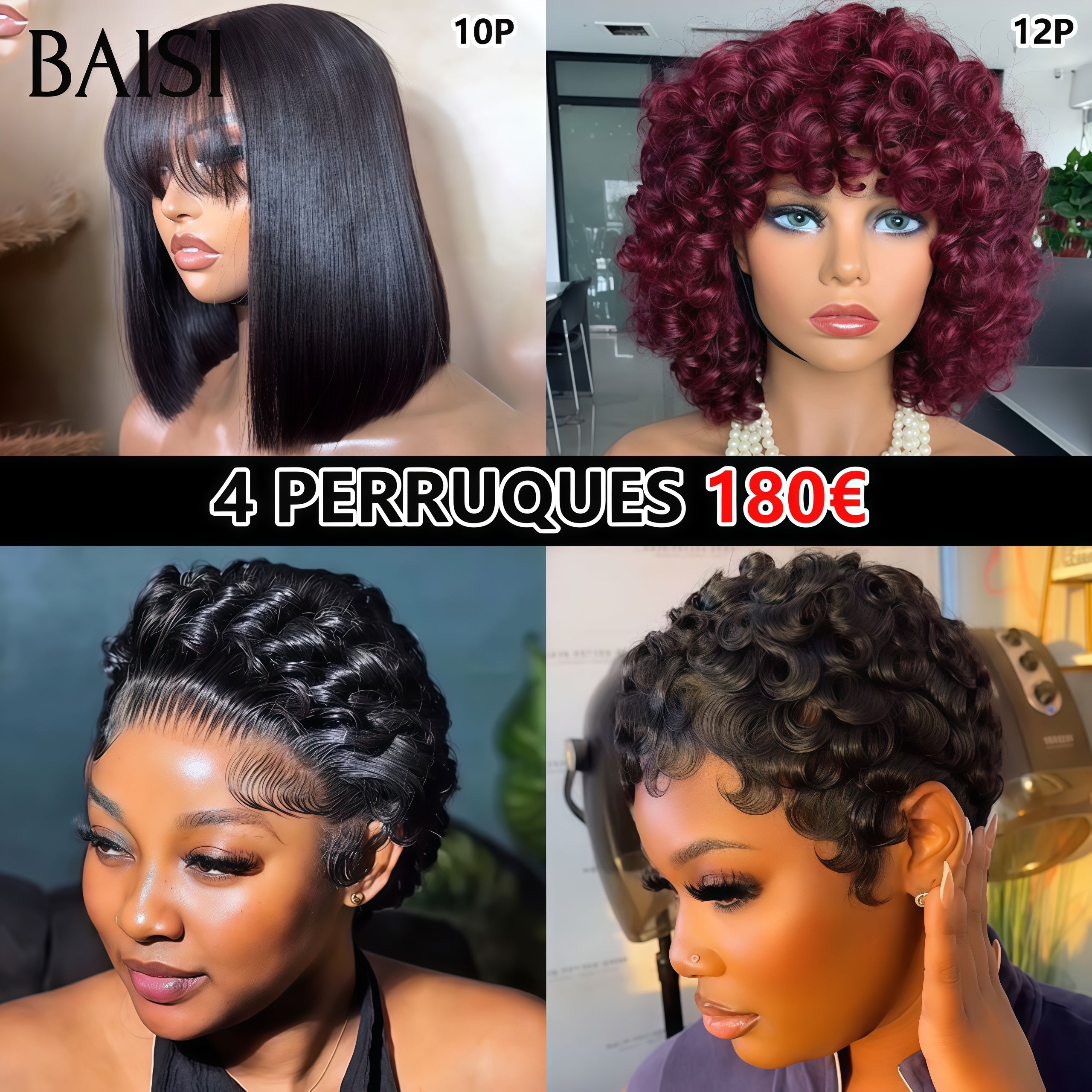 BAISI Vente Combinée 4 Perruques 180€ Fabriqué à la Machine finger wave et egg wave et Lisse 100% Cheveux Humains