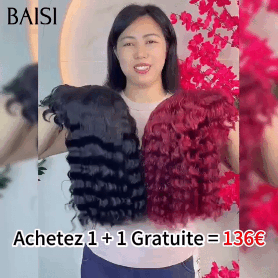 BAISI HAIR FR 2 Perrques 79€ 13X4 lace frontal curly wave noir et Mixte ou Achetez 1 + 1 Gratuite = 136€ bob deep wave avec Frange en couleur 1B et 99J# ou 2 Perruques Pixie 118€ En 100% Cheveux Humains