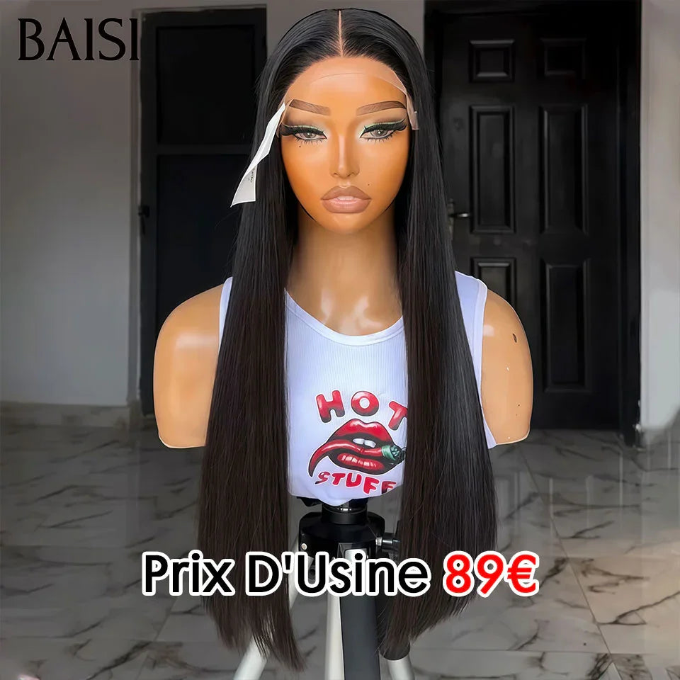 BAISI Achetez 2 perruques minimum au prix d'usine fournisseur 4x4 Lace Frontal Closure Perruque Lisse en Noir en 100% Cheveux Humains