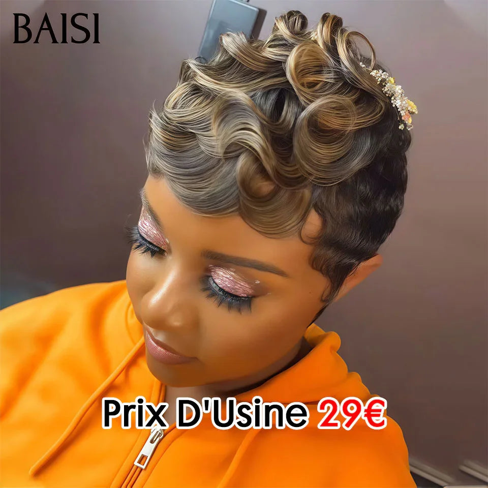 BAISI Achetez 2 perruques minimum au prix d'usine fournisseur en France TVA 0€ 48H arrivé pixie Fabriqué à la Machine finger wave 4/27# ou 13X4 Lace Perruque pixie Lisse NOIR en 100% Vrais Cheveux Humains (Pas Besoins De Code)