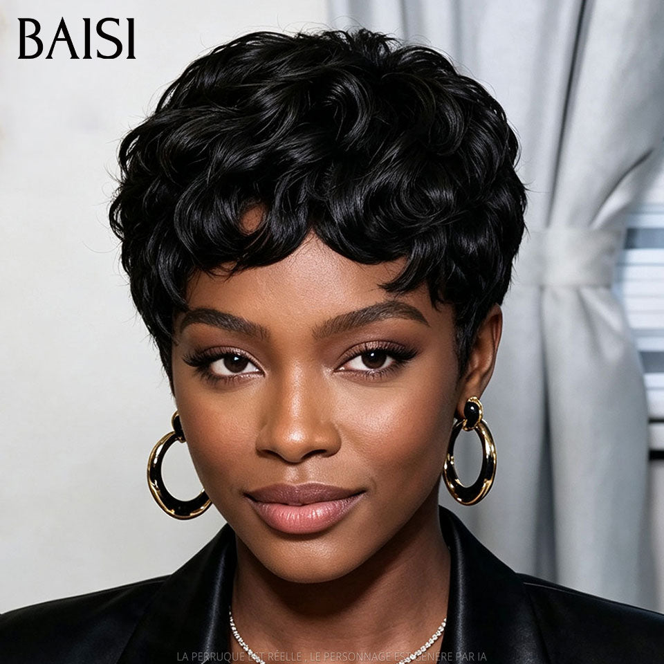 BAISI Perruque Chiomas 59€ Pixie Finger Wave petite coupe Lace Frontale en Couleur NOIR 68€ En 100% Cheveux Humains