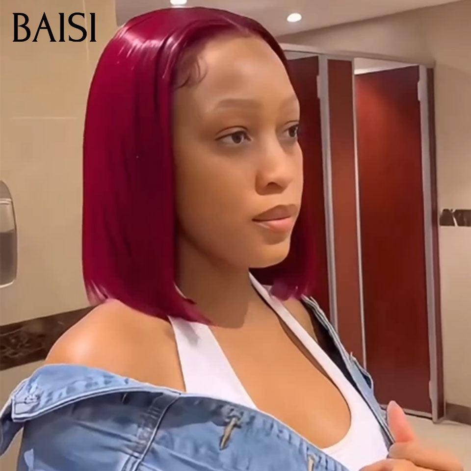 BAISI 4X4 Spitze gerade Bob Perücke 8 Zoll in SCHWARZ Farbmischung Burgund #1Bmxi#99J in 100 % Rohhaar