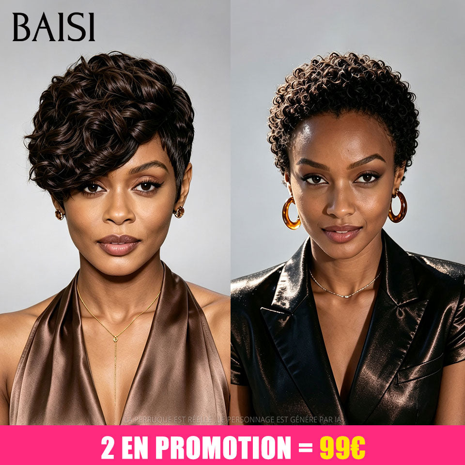 BAISI PROMO 2 Perruques Coupe de Vacances Promotion 99€ Seulement Sans Colle Sans Lace Idéales pour les Voyages et Vacances en 100% cheveux humains