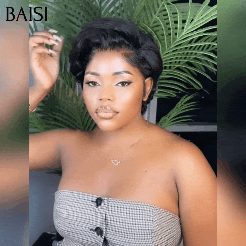 BAISI Offre Flash 13x4 Perruque Pixie boucles en Noir Moitié Prix 50€ 200% densité Orange Pixie Coupe Pré-plucked 100% Cheveux Humains MP50