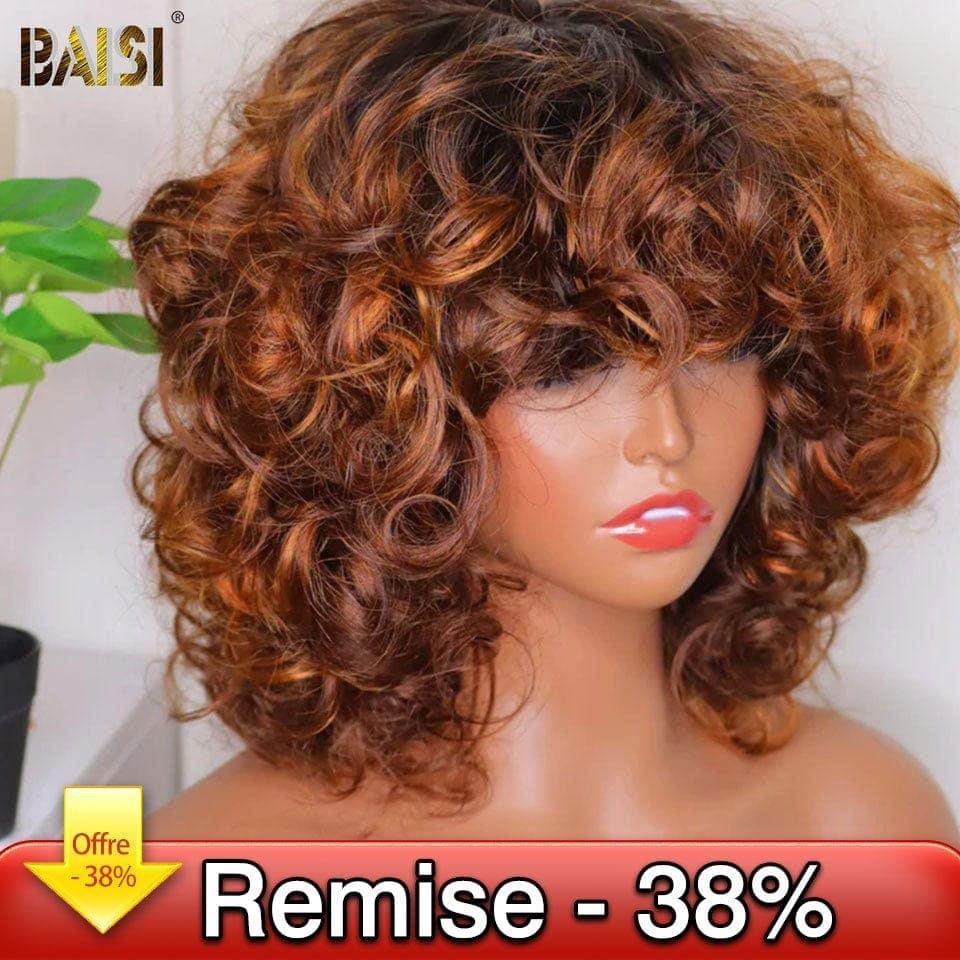 BAISI Perruque Bouclée Bouncy Curly en couleur mèches en 100% Cheveux Humains FR38