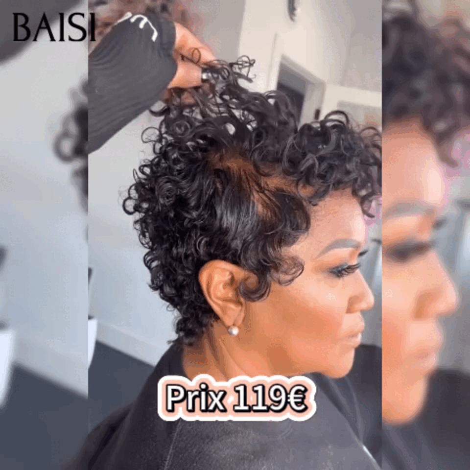 BAISI Perruque Full Lace 100% Cheveux Naturels Full Lace Perruque 119€ Pixie Finger Wave petite coupe en Couleur Noir en 100% cheveux humains