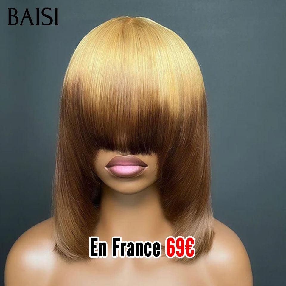 BAISI Perruque Lisse AVEC FRANGE 69€ en couleur Marron avec racine Miel 27#T4# 300% densité plus de 20 ans d' utilisations FR20